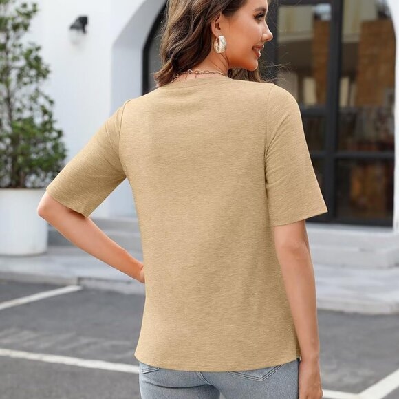 Women's V Neck T Shirt Half Sleeve Solid Summer Casual Tops for Women - Picture 4 of 5